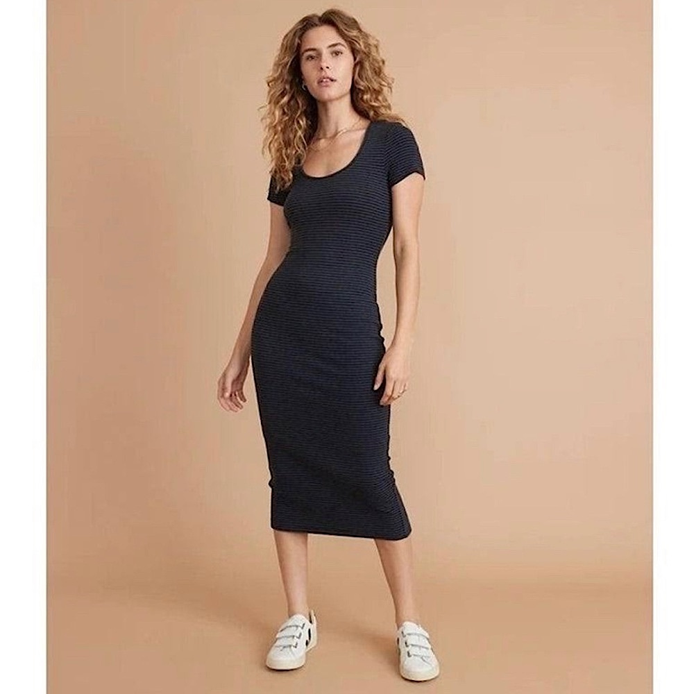 Marine Layer Lexi Rib Short Sleeve Midi Dress Black Blue Stripes Size Small